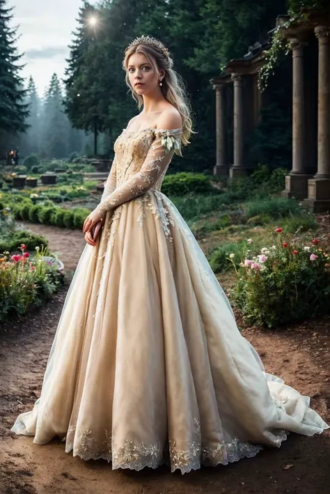 A full color portrait of a beautiful woman wearina a Fairy tale gown, Beauty and the Beast (2017) movie set,HDR Foto,epic character composition,by ilya kuvshinov, alessio albi, nina masic,sharp focus, subsurface scattering, f2, 35mm, film grain ,blonde <lora:milenaj:1>