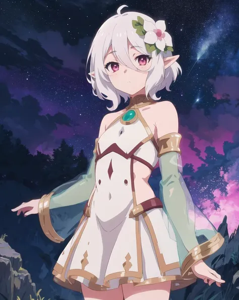 masterpiece, best quality, ultra-detailed, illustration, epic lighting, cinematic composition, colorful, anime, 2d, (finely detailed beautiful eyes: 1.2), 1girl, kokkoro, petite, pointy ears, pink eyes, short white hair, hair between eyes, white hair flower, green dress, detached sleeves, looking at viewer, cowboy shot, outdoors, night, stars, nebula, fantasy, nature, (8k:1.1) <lora:kokkoroLora_1:0.6>