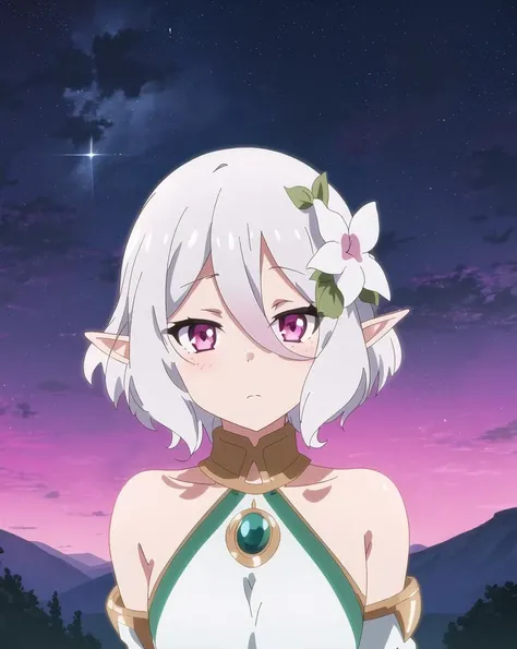 masterpiece, best quality, ultra-detailed, illustration, epic lighting, cinematic composition, colorful, anime, 2d, (finely detailed beautiful eyes: 1.2), 1girl, kokkoro, elf, pink eyes, short white hair, white hair flower, white dress, detached sleeves, looking at viewer, expressionless, upper body, outdoors, night, stars, nebula, fantasy, nature, (8k:1.1)  <lora:kokkoroLora_1:0.6>