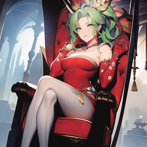 1girl, mature female, masterpiece, mistress, goddess,sitting,green hair