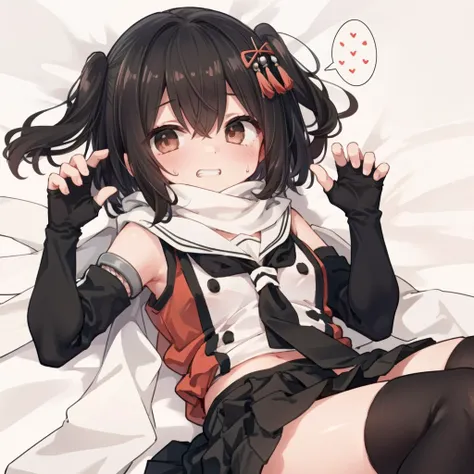 (lying, on back:1.2), grin, (panicking:1.2), sweatdrop, (hands up, double v:1.4), <lora:칸ì½ë -ì¼ë¤ì´_sendai_kantaicollection:0.8>, 칸ì½ë -ì¼ë¤ì´ìë² ë©, two side up, short hair, brown hair, brown eyes, hair ornament, serafuku, black skirt, single thighhigh, scarf,