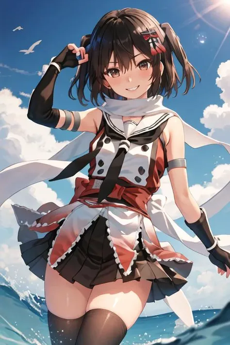 fantasy, 1angel_girl,child, ,brown_hair, medium_bob_hair, long_bangs, halo,bare_shoulder,thighhighs,silver_armor, waist_armor, large_breasts,angry,grinning,open_mouth_teeth, 1pair_wings, dynamic_pose_fighting,floating, bare_crotch, headgear,gauntlet, greaves,ocean_sky_background,slightly_spread_legs, solo, groin_naked,