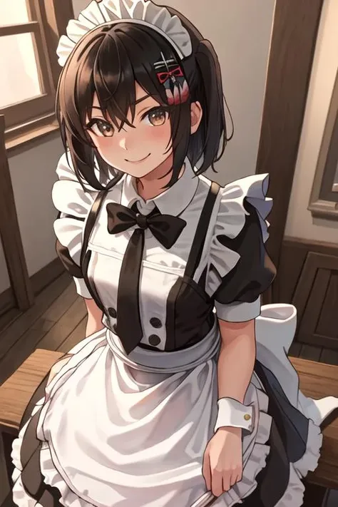 masterpiece, best quality, 1girl, empty eyes, medium-length black haired, brown eyes, maid, smile