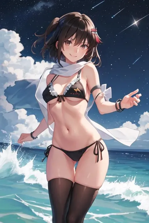 best quality, masterpiece, highres, solo, {night:1.10}, {starry sky:1.10}, beach, beautiful detailed sky, {extremely detailed background:1.20}, {sendai_kantaicollection:1.15}, {standing:1.10}, looking at viewer, {bikini:1.30}, two_side_up, brown_eyes, short_hair, brown_hair, hair_ornament, bangs, smile, serafuku, blush, black_hair, hair_between_eyes, light smile