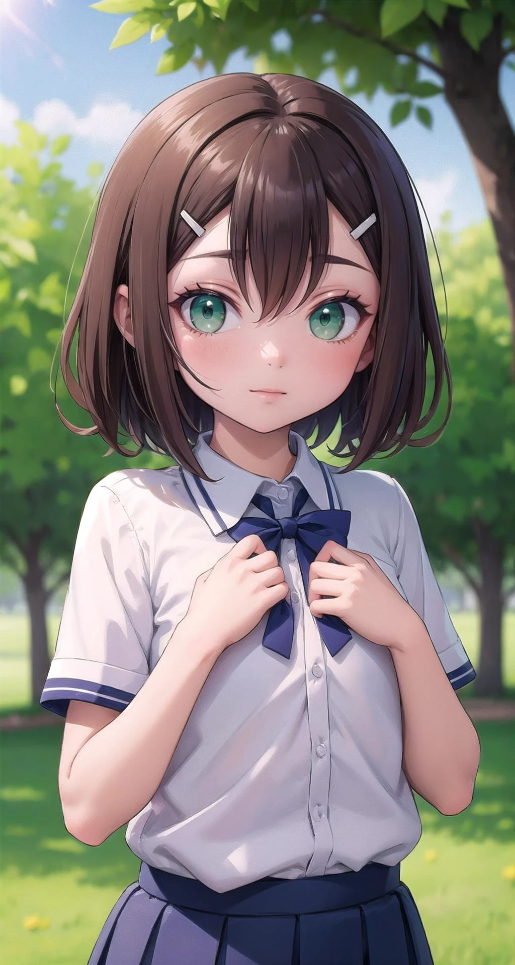 ((masterpiece,intricate details)),1girl,mature female
BREAK
hideyoshikinoshita, <lora:hideyoshitest:1>, hideyoshi kinoshita, brown hair, (green eyes:1.5), hair ornament, hairclip, otoko no ko, trap, hair between eyes, (flat chest:1.2), short hair, BREAK fumizuki academy school uniform, school uniform, see-through, shirt, short sleeves
BREAK
Park: Trees, grass, picnic, sunshine, children playing,((upper body)),from below:1.2,depth of field,looking at viewer,