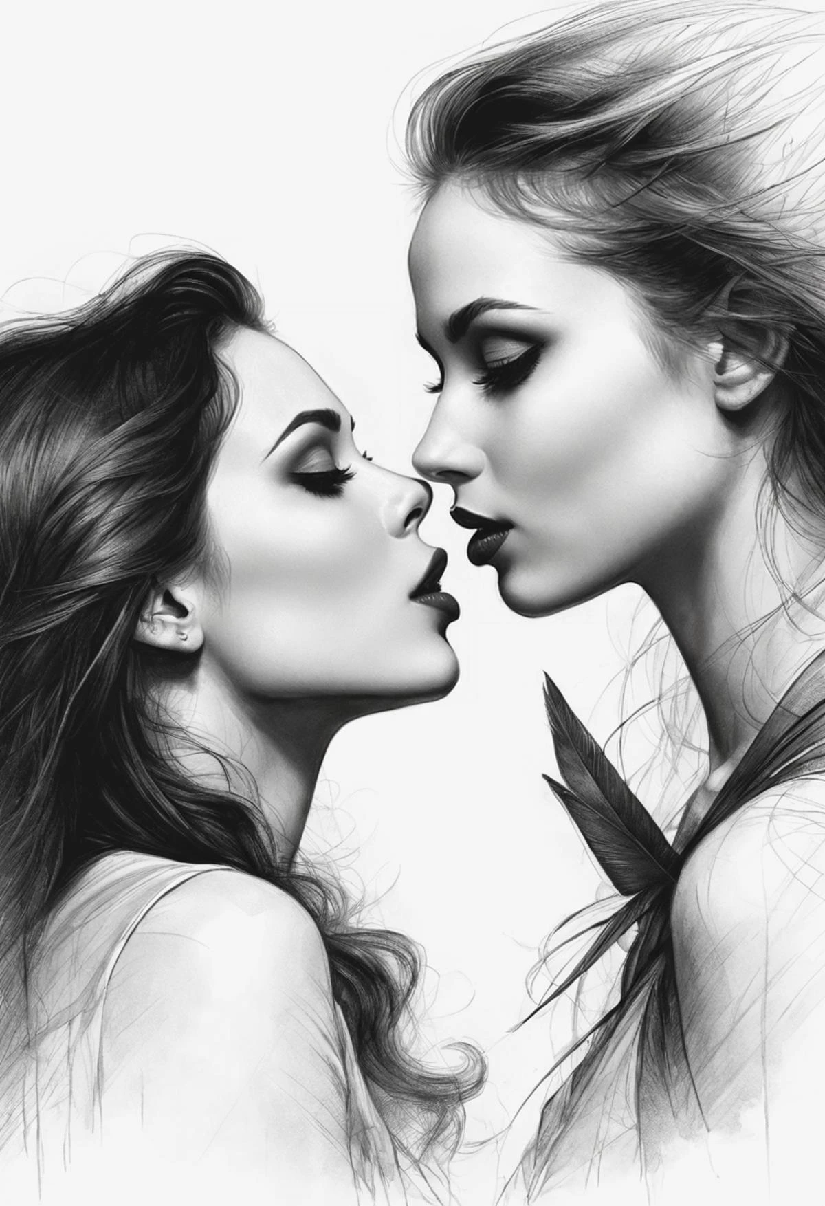 line art drawing (masterpiece, best quality, hyper detailed, ultra realistic, 32k, RAW photo), fantasy art, two slim girls kissing, high resolution, HD, best quality, tongue kiss <lora:KISSING_V1:1.0>, perfect composition and chiaroscuro by Rembrandt, concept art by Mariusz Lewandowski, by Louis Aston Knight, by Karine Eibatova, by John Howe, by Jessica Rossier, by JarosÅaw JaÅnikowski, by Inessa Garmash, by Henriëtte Ronner-Knip, by Harumi Hironaka, <lora:Desolation:0.3>, . professional, sleek, modern, minimalist, graphic, line art, vector graphics