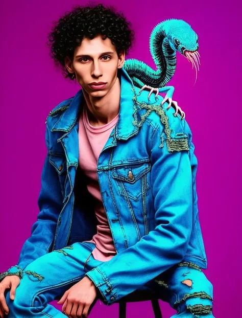 A skinny attractive man with short black  curly hair, denim jacket,  sitting on his shoulder is an iridescent blue worm parasite, the worm is infecting his brain, in a bathroom, cyan and pink dramatic lighting, neundies style, X