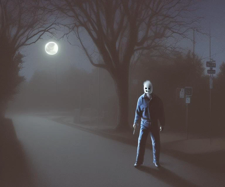 a portrait photo of Michael Myers walking down the street in a suburb on halloween, full moon, face, closeup neundies style