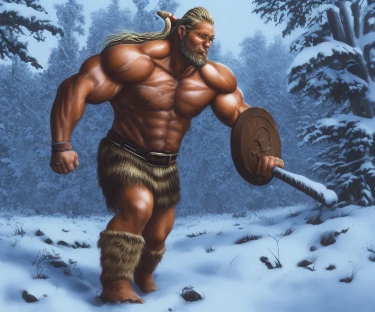 a muscular viking walking around a snowy forest, closeup on face, go pro view, neundies style