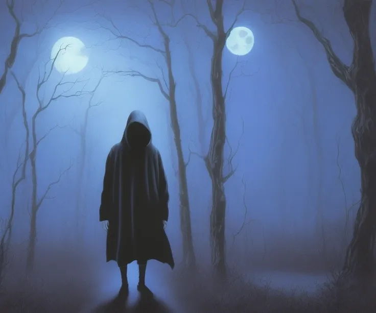 a hooded old man walking through a dark blue forest, full moon, neundies style