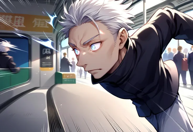 score_9, score_8_up, score_7_up, source_anime, 1boy, <lora:jjk_gojo_ponyXL:1> gojo satoru, white hair, blue eyes, black jacket, high collar, <lora:Running_XLPD:1>, running, motion lines, motion blur, upper body, dark enviroment, subway station, leaning forward, solo, (from side:0.7), from front, crowd, glowing eyes, crazy eyes, wide-eyed, expressionless,