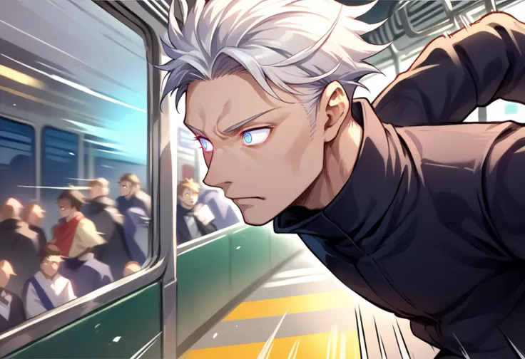 score_9, score_8_up, score_7_up, source_anime, 1boy, <lora:jjk_gojo_ponyXL:1> gojo satoru, white hair, blue eyes, black jacket, high collar, <lora:Running_XLPD:1>, running, motion lines, motion blur, upper body, dark enviroment, subway station, leaning forward, solo, (from side:0.7), from front, crowd, glowing eyes, crazy eyes, wide-eyed, expressionless,