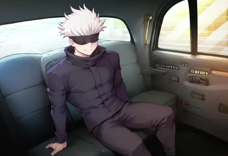 score_9, score_8_up, score_7_up, solo, male focus, 1boy, gojo satoru, smug, fake taxi, car interior, sitting, ground vehicle, white hair, black blindfold, black jacket, high collar, long sleeves, black pants <lora:jjk_gojo_ponyXL:1> <lora:FakeTaxiMeme_XLPD:1>