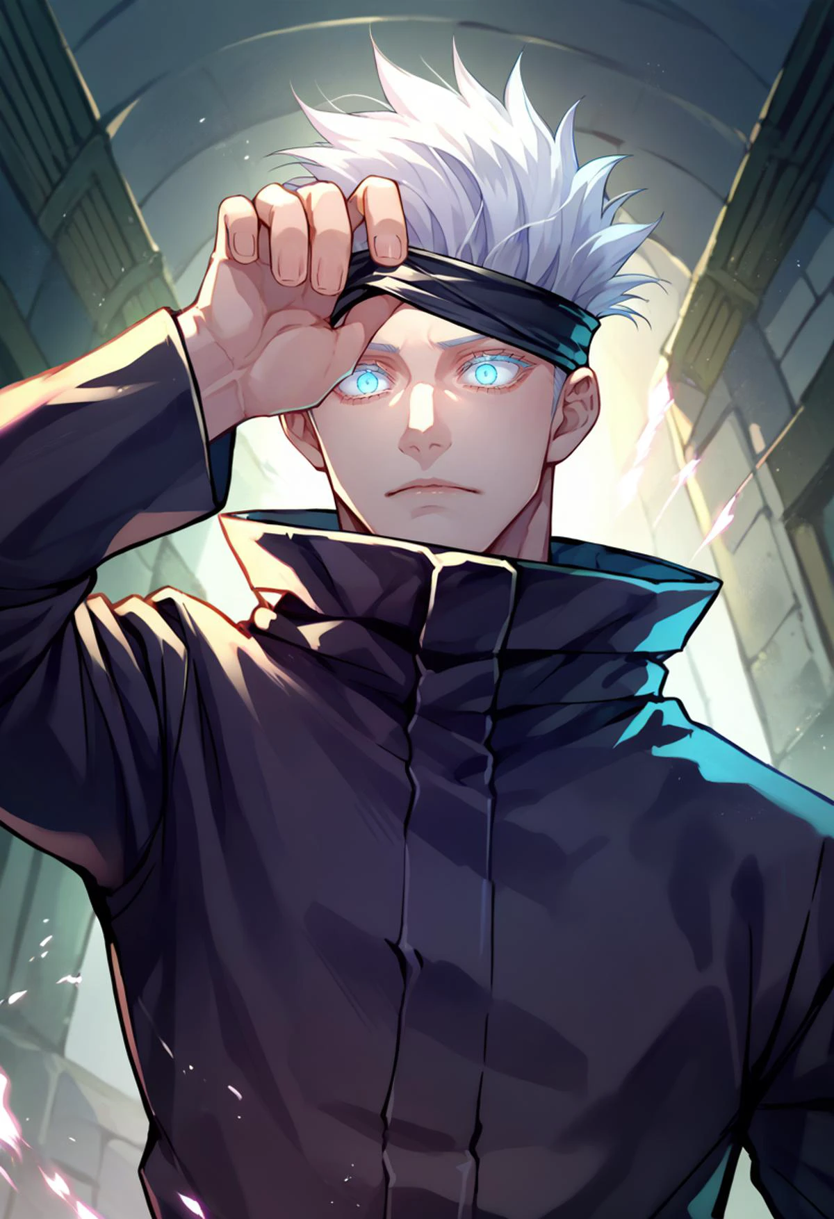 score_9, score_8_up, score_7_up, source_anime, 1boy, blindfold lift, blindfold, hand up, <lora:BlindfoldLift_XLPD:1>, covering one eye, upper body, gojo satoru, white hair, black jacket, high collar, long sleeves, glowing eyes, from below, <lora:jjk_gojo_ponyXL:1>, blue eyes,