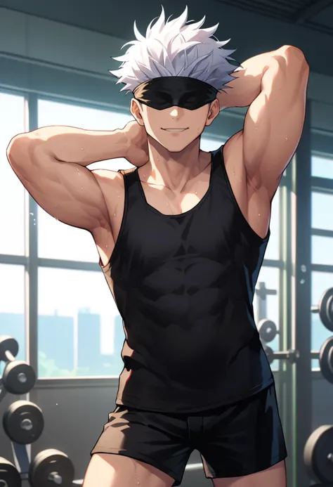 score_9, score_8_up, score_7_up, source_anime, solo, male focus, 1boy, gojo satoru, toned, sweat, smirk, looking at viewer, standing, arm behind head, white hair, black blindfold, black tank top, black shorts, indoors, gym <lora:jjk_gojo_ponyXL:1>