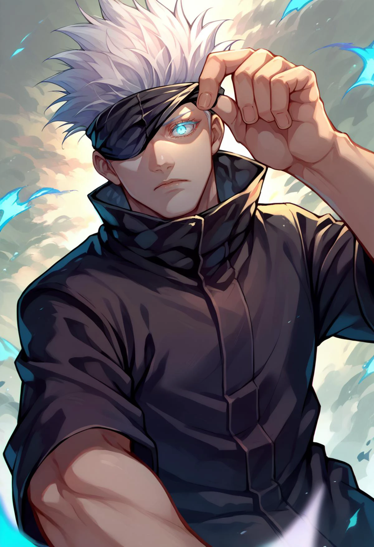 score_9, score_8_up, score_7_up, source_anime, 1boy, blindfold lift, blindfold, hand up, <lora:BlindfoldLift_XLPD:1>, covering one eye, close-up, gojo satoru, white hair, black jacket, high collar, glowing eye, from below, <lora:jjk_gojo_ponyXL:0.8>, blue eye, serious,