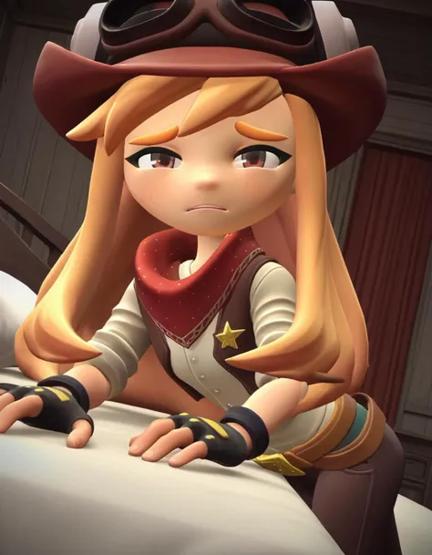 score_9, score_8_up, score_7_up, source_anime,
meggyspletzer, <lora:meggy-spletzer-ponyxl-lora-nochekaiser:1>,
meggy spletzer, long hair, blonde hair, brown eyes, 3d,
gloves, hat, pants, fingerless gloves, eyewear on head, cowboy hat, cowboy western,
indoors, bed, bed room, on side, blush, drunk,
looking at viewer, cowboy shot, dutch angle, solo,