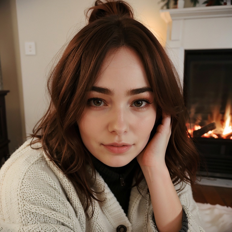 Arafed woman with long hair sitting in front of a fireplace - SeaArt AI