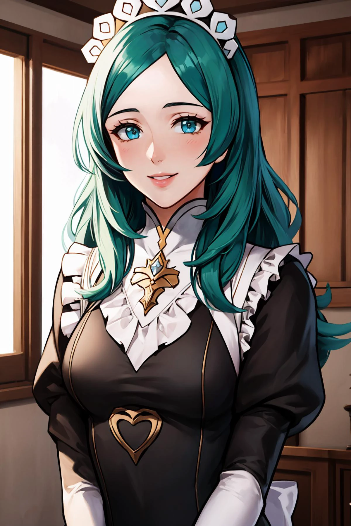 masterpiece, best quality, <lora:sitri-fe-richy-v1:0.9> sitri <lora:FEFatesMaid_v1:1> fates maid, bedroom, looking at viewer, smile, maid headdress