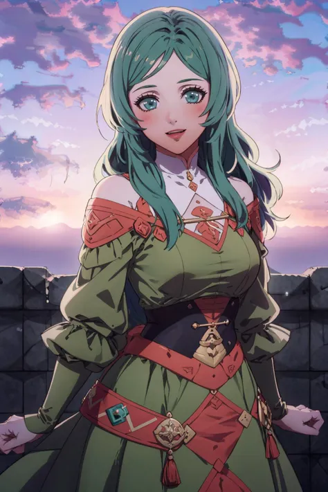 masterpiece, best quality,  <lora:sitri-fe-richy-v1:0.9> sitri, long sleeves, green dress, cowboy shot, <lora:FE3H S Rank:1> cloud, sky, sunset, looking at viewer, smile, blushing