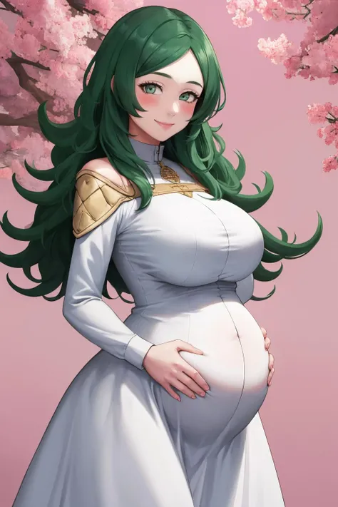masterpiece, best quality, 1girl, solo, looking at viewer, standing, smile, blush, motherly, maternal, pregnant, <lora:sitri-fe-richy-v1:1> sitri, long sleeves, mature female, large breasts, wide hips, dress