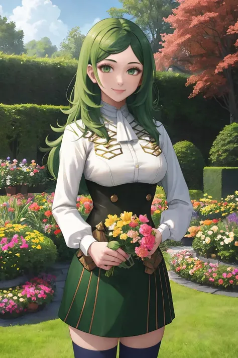 masterpiece, best quality, 1girl, solo, standing, looking at viewer, <lora:sitri-fe-richy-v1:1> sitri, smile, long sleeves, mature female, <lora:gmuniform2-nvwls-v1:0.8> gmuniform, green hair, green eyes, garden, flowers, pretty, beautiful, serene, peaceful