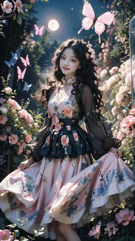 masterpiece,best quality,film lighting,highres,moon light,1girl,solo,black hair,(loog hair:1.2),long hair,sen,nature,(pink dress:1.3),plan,colorful flowers,(flowers:1.2),<lora:butterfly:0.75>,butterfly style,<lora:FenW-000012:0.4>,<lora:sen:0.4>,(front photo:1.2),wide sleeves,wide skirt,(butterfly:1.2),