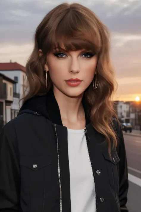 best quality, masterpiece, ultra high res, (photorealistic:1.4), taylor1 a woman, light eye makeup, looking at the viewer, half body photo, (black longsleeves jacket), at the streets, sunset, <lora:httptaylor:1:lbw=FACES>