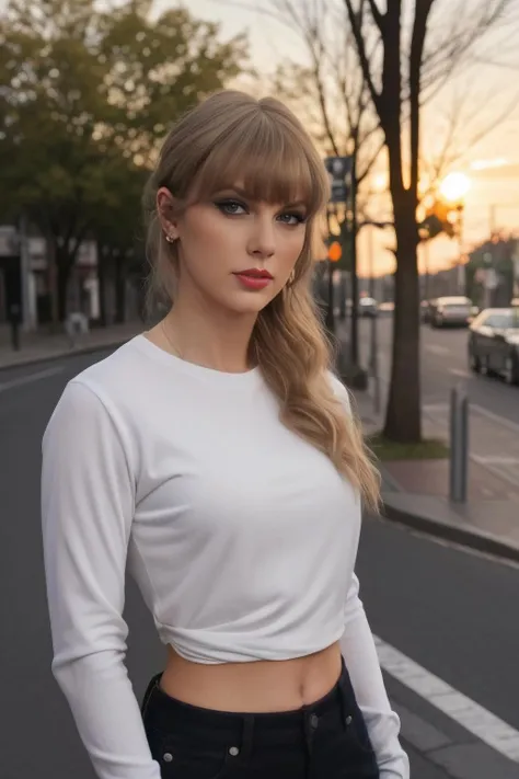 taylor1 a woman, (realistic), (hyperrealism), (photorealistic), depth of field, (upper body:1.2), (narrow waist), eye makeup, looking at the viewer, posing for a photo, black longsleeves, sunset, at the street, trees, <lora:httptaylor:1:lbw=FACES>