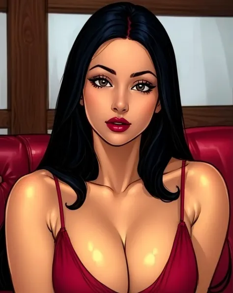 (close-up,pov),plump (1girl mature female:1.2),black hair,couch,parted lips,makeup,lipstick,cleavage,<lora:add_detail:0.34>,(extremely detailed,masterpiece,hyperrealistic, illustrated:1.2),<lora:svt-bhabi_v1-lora-24:0.89>,