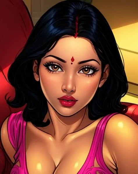 (close-up,face,pov),plump (1girl mature savita bhabhi:1.2),black hair,couch,parted lips,makeup,lipstick,crop top,<lora:add_detail:0.34>,(extremely detailed,masterpiece,hyperrealistic, illustrated:1.2),<lora:svt-bhabi_v1-lora-24:0.89>,bindi,sindhoor,