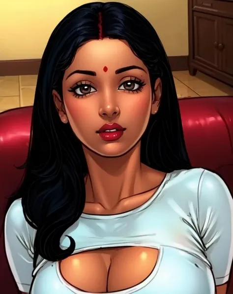 (close-up,face,pov),plump (1girl mature savita bhabhi:1.2),black long hair,couch,parted lips,makeup,lipstick,crop top,<lora:add_detail:0.34>,(extremely detailed,masterpiece,hyperrealistic, illustrated:1.2),<lora:svt-bhabi_v1-lora-24:0.89>,bindi,sindhoor,