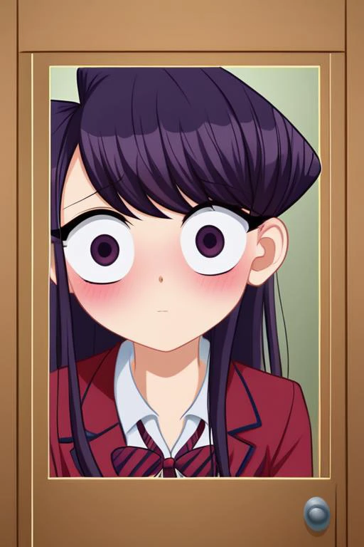 medium breasts, (ultra realistic, 32k, masterpiece:1.1),(high detailed skin:1.1),(high quality:1.1), cute, eyelashes, long hair, blush, lips, curvy, ((komi shouko)), (komi-san wa komyushou desu), (no mouth, no nose, big eyes:1.3), solo, dark blue school uniform, panic, scared, upper body view, leaning from behind door<lora:komi-Shouko-LoRA:1>