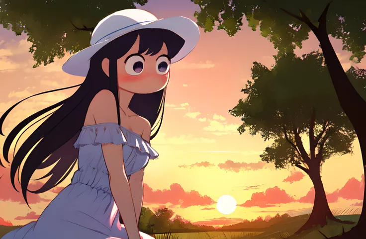 ((komi shouko)), 1girl, bangs, blush, white sundress, sun hat, bare shoulders, medium breasts, skinny, tall, dress lifts up in wind, (no mouth, no nose, big eyes:1.2),  flustered, panic, cowboy shot, in the park, highres, (komi-san wa komyushou desu), long hair, (profiles:0.7), (big eyes), purple hair, solo, swept bangs, sitting under a tree, sunset golden hour, <lora:komi_shouko:0.8>, sfw,