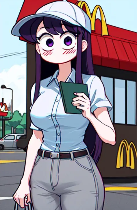((komi shouko)), 1girl, bangs, blush, red button shirt, grey cargopants, mcdonalds cap, breasts, skinny, tall, (no mouth, no nose:1.4), big eyes, flustered, panic, cowboy shot, at mcdonalds behind the counbter background, highres, (komi-san wa komyushou desu), long hair, looking at viewer, medium breasts, (big eyes), purple hair, solo, swept bangs, <lora:komi_shouko:0.7>, holding a notepad in front of face, sfw