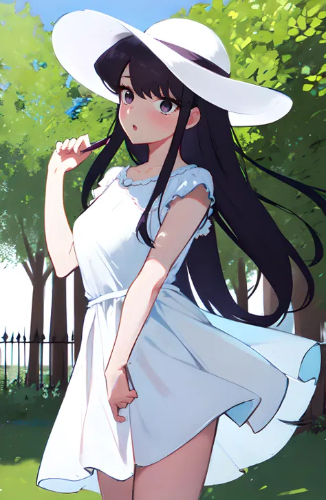 ((komi shouko)), 1girl, bangs, blush, white sundress, sun hat, medium breasts, skinny, tall, dress lifts up in wind, (no mouth, no nose, big eyes:0.0), flustered, panic, cowboy shot, in the park, highres, (komi-san wa komyushou desu), long hair, (profiles:0.4), (big eyes), purple hair, solo, swept bangs, <lora:komi_shouko:0.7>, sfw,