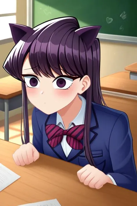 cat ears matching hair color, extra ears, panic, scared, dark blue school uniform, medium breasts, (ultra realistic, 32k, masterpiece:1.1),(high detailed skin:1.1),(high quality:1.1), eyelashes, long hair, curvy, ((komi shouko)), (komi-san wa komyushou desu), (no mouth, no nose, big eyes:1.5), solo, sitting at desk in school<lora:komi-Shouko-LoRA:1>