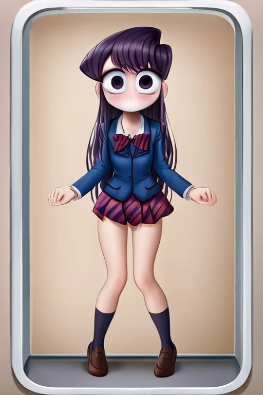 medium breasts, (ultra realistic, 32k, masterpiece:1.1),(high detailed skin:1.1),(high quality:1.1), cute, eyelashes, long hair, blush, lips, curvy, ((komi shouko)), (komi-san wa komyushou desu), (no mouth, no nose, big eyes:1.5), solo, dark blue school uniform, panic, scared, full body, sfw<lora:komi-Shouko-LoRA:1>