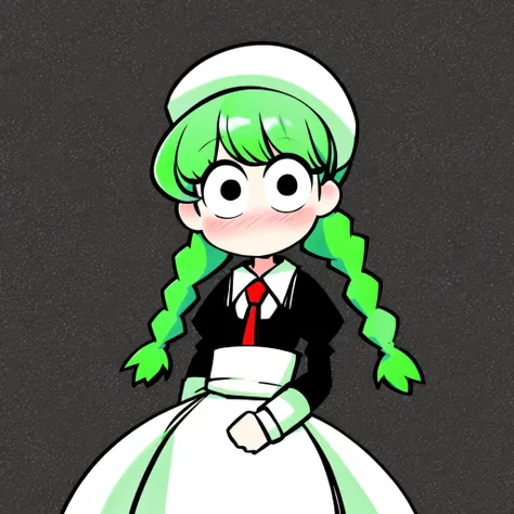 1girl, (mint green hair:1.2), twin_braids, white beret, flower necktie, white shirt, pleated skirt, komi-san wa komyushou desu, looking at viewer, maid, (no mouth), (no nose), self-upload, solo, nose blush, large eyes