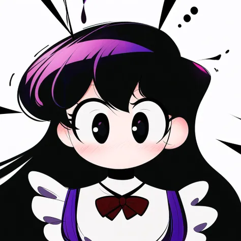 ((komi shouko)), 1girl, apron, black eyes, dotted background, emphasis lines,komi-san wa komyushou desu, long hair, looking at viewer, maid, (no mouth), (no nose), purple hair, self-upload, solo, sound effects, upper body, nose blush, large eyes, shaded face <lora:komi_shouko:0.5>