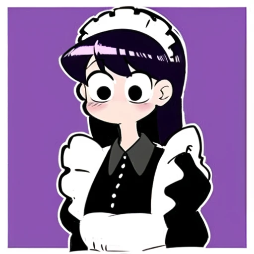 ((komi shouko)), 1girl, apron, black eyes, dotted background, emphasis lines,komi-san wa komyushou desu, long hair, looking at viewer, maid, (no mouth), (no nose), purple hair, self-upload, solo, sound effects, upper body, nose blush, large eyes, shaded face, border, outline