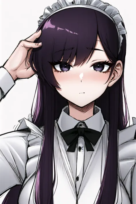 ((komi shouko)), 1girl, apron, black eyes, dotted background, emphasis lines,komi-san wa komyushou desu, long hair, looking at viewer, maid, (no mouth), (no nose), purple hair, self-upload, solo, sound effects, upper body, nose blush, large eyes, shaded face