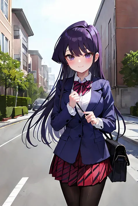 ((komi shouko)), 1girl, bangs, black pantyhose, blazer, blue jacket, blush, bow, bowtie, breasts, closed mouth, collared shirt, bag, cowboy shot, diagonal-striped skirt, expressionless, outdoors, highres, jacket, (komi-san wa komyushou desu), long hair, looking at viewer, medium breasts, pantyhose, pleated skirt, purple eyes, purple hair, red bow, red bowtie, (red skirt), school uniform, shirt, skirt, solo, striped, striped bow, striped bowtie, striped skirt, swept bangs, white shirt, smile