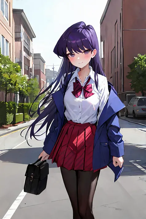 ((komi shouko)), 1girl, bangs, black pantyhose, blazer, blue jacket, blush, bow, bowtie, breasts, closed mouth, collared shirt, bag, cowboy shot, diagonal-striped skirt, expressionless, outdoors, highres, jacket, (komi-san wa komyushou desu), long hair, looking at viewer, medium breasts, pantyhose, pleated skirt, purple eyes, purple hair, red bow, red bowtie, (red skirt:1.3), school uniform, shirt, skirt, solo, striped, striped bow, striped bowtie, striped skirt, swept bangs, white shirt, smile