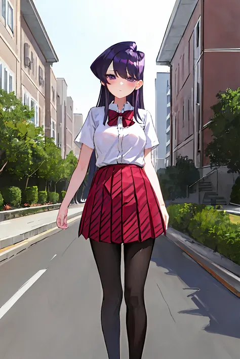 ((komi shouko)), 1girl, bangs, black pantyhose, short sleeved shirt, blush, bow, bowtie, breasts, closed mouth, collared shirt, cowboy shot, (diagonal-striped skirt), expressionless, outdoors, highres, (komi-san wa komyushou desu), long hair, looking at viewer, medium breasts, pantyhose, pleated skirt, purple eyes, purple hair, red bow, red bowtie, (red skirt:1.4), shirt, skirt, solo, striped, striped bow, striped bowtie, striped skirt, swept bangs, white shirt,
