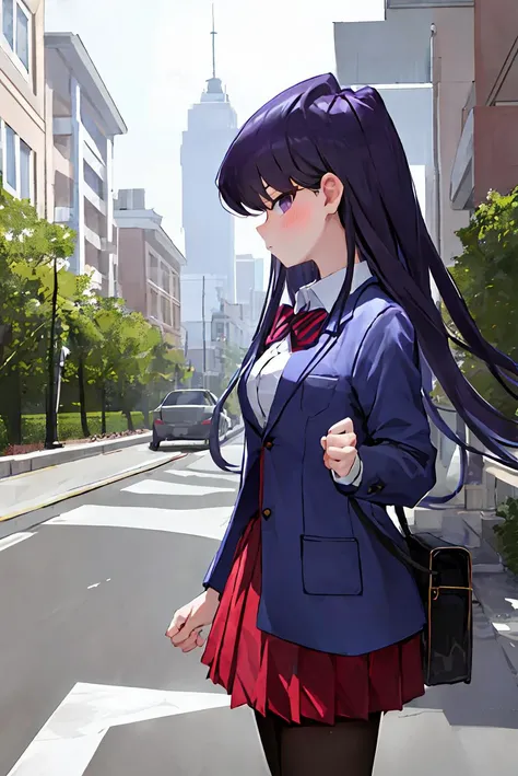 ((komi shouko)), 1girl, bangs, black pantyhose, blazer, blue jacket, blush, bow, bowtie, breasts, closed mouth, collared shirt, bag, cowboy shot, diagonal-striped skirt, expressionless, outdoors, highres, jacket, (komi-san wa komyushou desu), long hair, looking at viewer, medium breasts, pantyhose, pleated skirt, purple eyes, purple hair, red bow, red bowtie, (red skirt:1.3), school uniform, shirt, skirt, solo, striped, striped bow, striped bowtie, striped skirt, swept bangs, white shirt, profile