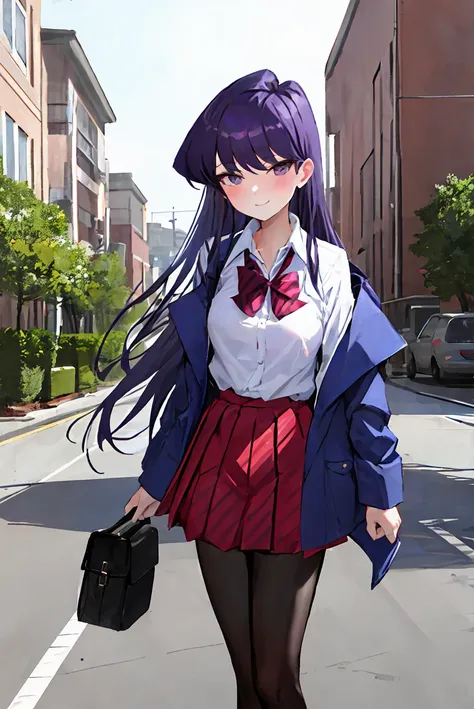 ((komi shouko)), 1girl, bangs, black pantyhose, blazer, blue jacket, blush, bow, bowtie, breasts, closed mouth, collared shirt, bag, cowboy shot, diagonal-striped skirt, expressionless, outdoors, highres, jacket, (komi-san wa komyushou desu), long hair, looking at viewer, medium breasts, pantyhose, pleated skirt, purple eyes, purple hair, red bow, red bowtie, (red skirt:1.3), school uniform, shirt, skirt, solo, striped, striped bow, striped bowtie, striped skirt, swept bangs, white shirt, smile