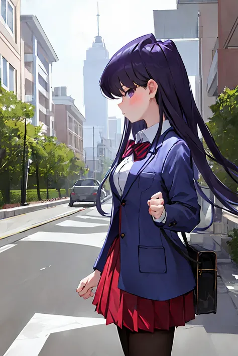 ((komi shouko)), 1girl, bangs, black pantyhose, blazer, blue jacket, blush, bow, bowtie, breasts, closed mouth, collared shirt, bag, cowboy shot, diagonal-striped skirt, expressionless, outdoors, highres, jacket, (komi-san wa komyushou desu), long hair, looking at viewer, medium breasts, pantyhose, pleated skirt, purple eyes, purple hair, red bow, red bowtie, (red skirt:1.3), school uniform, shirt, skirt, solo, striped, striped bow, striped bowtie, striped skirt, swept bangs, white shirt, profile