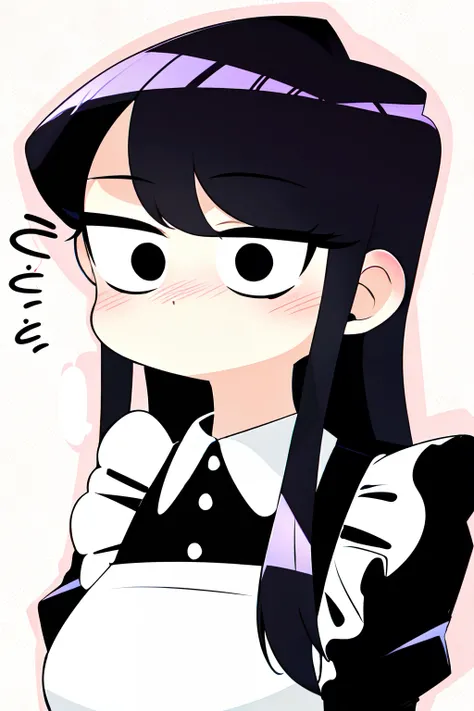 ((komi shouko)), 1girl, apron, black eyes, blinking, dotted background, emphasis lines,komi-san wa komyushou desu, komi shouko, long hair, looking at viewer, maid, no mouth, purple hair, self-upload, solo, sound effects, upper body, nose blush, large eyes,
<lora:komi_shouko:0.5>