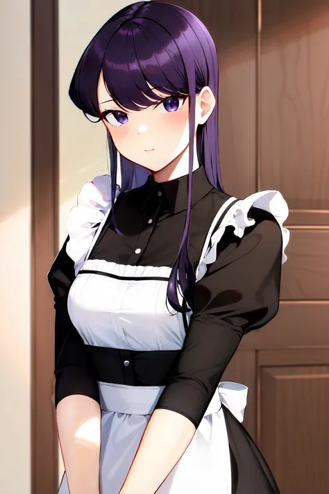 ((komi shouko)), 1girl, apron, black eyes, komi-san wa komyushou desu, long hair, looking at viewer, maid, gaping mouth, purple hair, solo, upper body, masterwork,
<lora:komi_shouko:0.5>